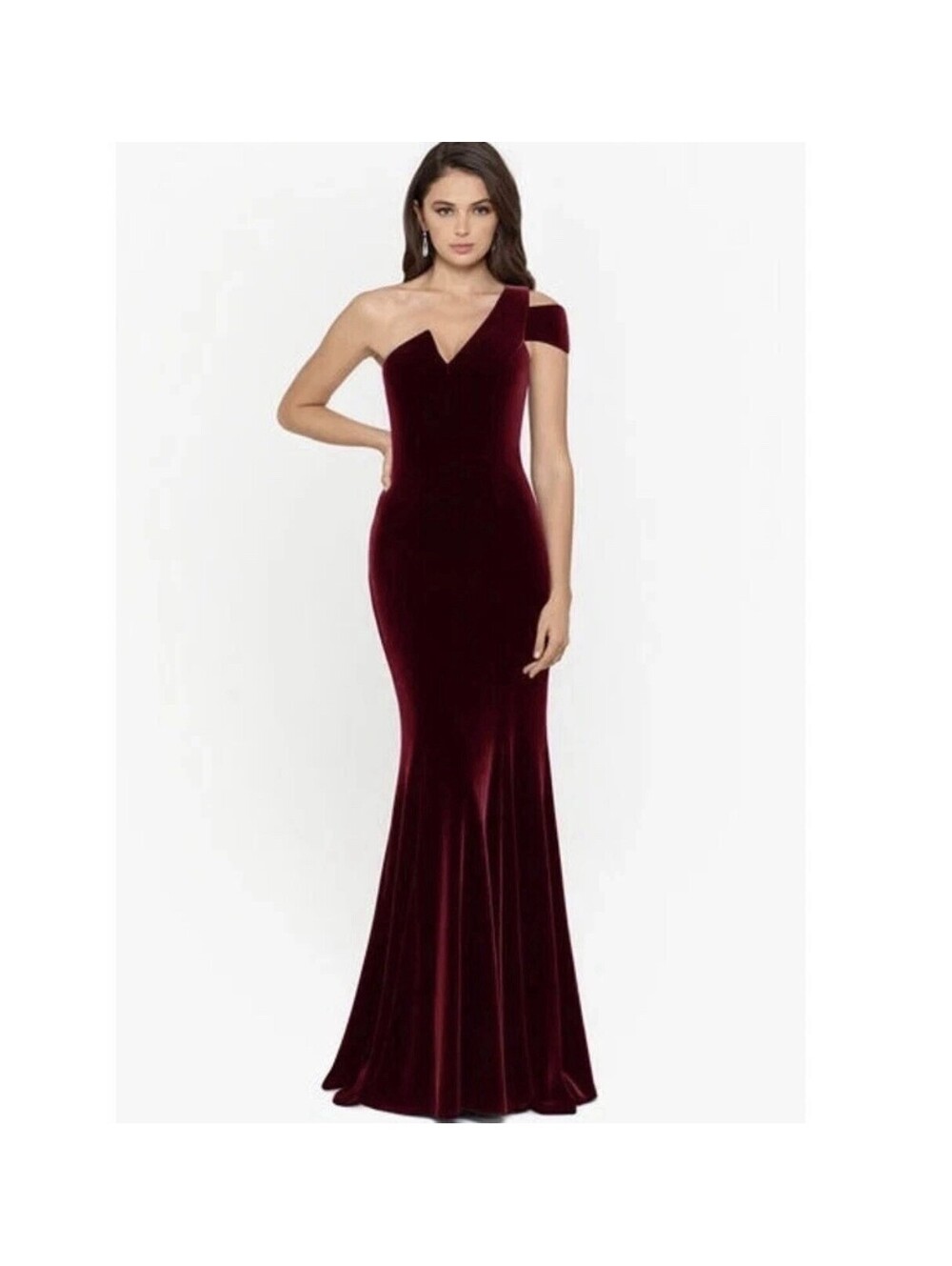Betsy & Adam Ella Burgundy Velvet One-Shoulder Gown 12 Formal Wedding Guest